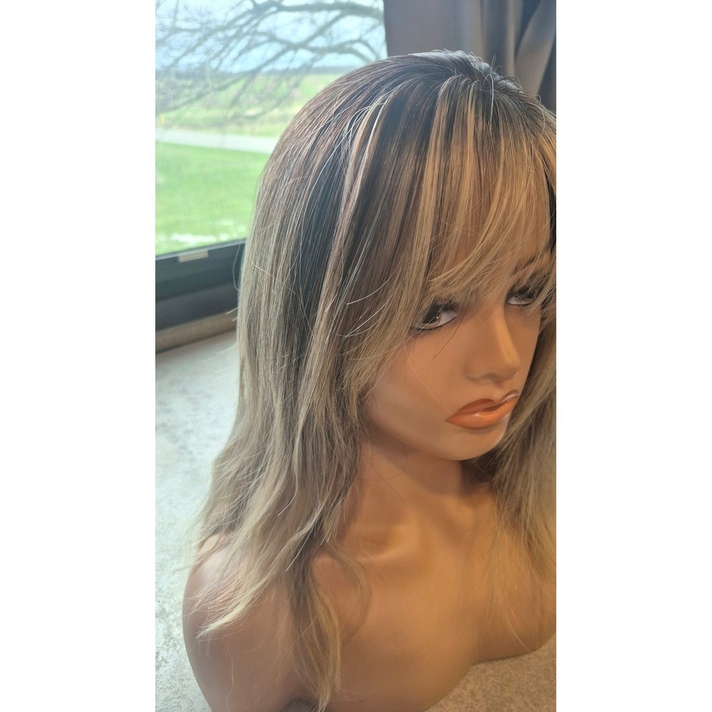 Dimensional Blonde Brunette Lace Front Wig Wispy Bangs Layered Waves Glam